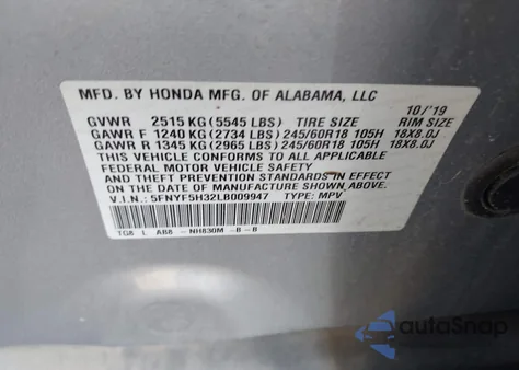 2020 Honda Pilot 2Wd Ex from USA, damaged, VIN 5FNYF5H32LB009947